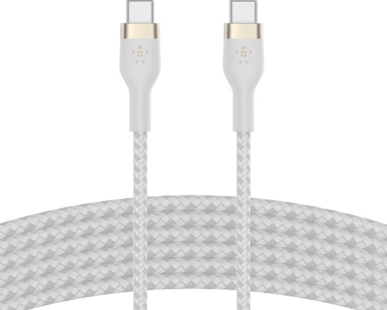 White braided cable with gold connectors on a white background