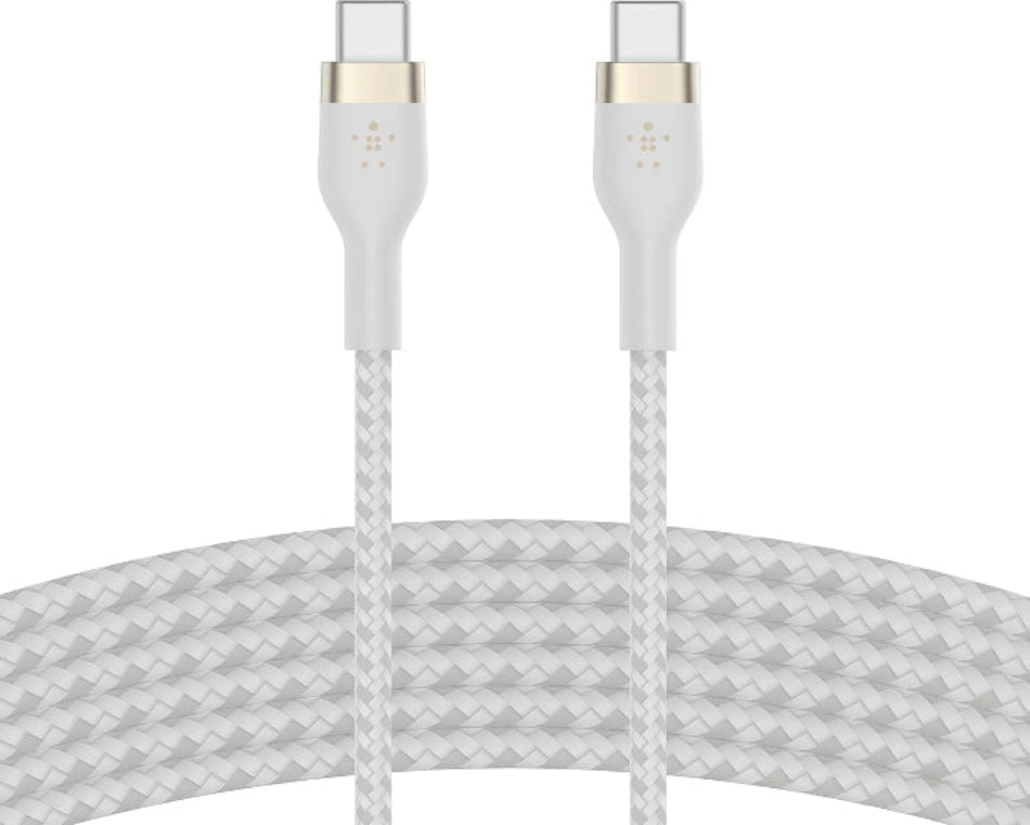 White braided cable with gold connectors on a white background