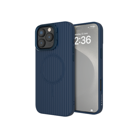 A blue Levelo Livia TPU Silicone Case for iPhone 16 Pro Max, showing the front and back view of the case with the iPhone screen visible.