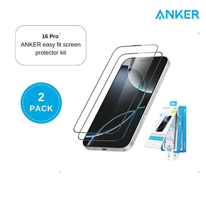 مجموعة حماية الشاشة Anker Easy Fit لجهاز iPhone16 Pro، شفافة