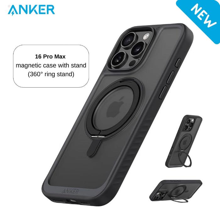 جراب Anker Mag Go المغناطيسي مع حامل وحلقة 2 في 1، لهاتف iPhone 16 Pro Max، أسود