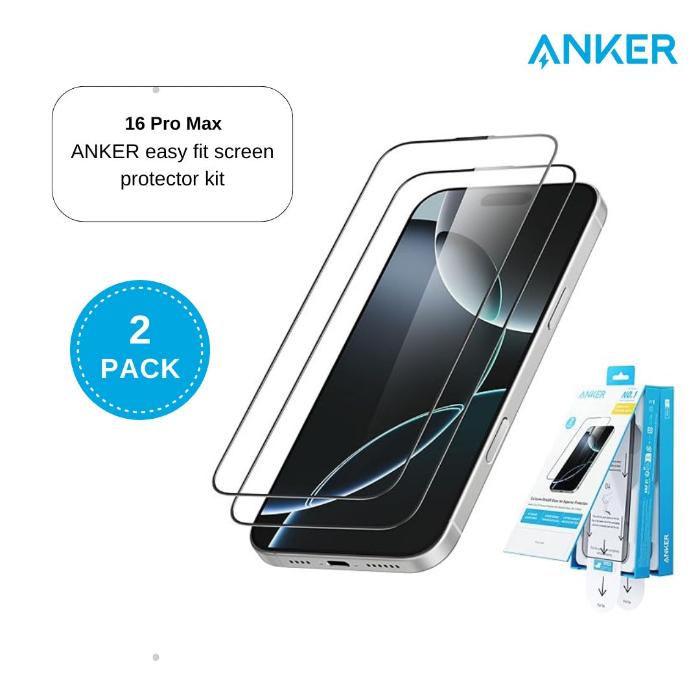 مجموعة واقي الشاشة Anker Easy Fit HD مكونة من قطعتين لهاتف iPhone 16 Pro Max، شفافة