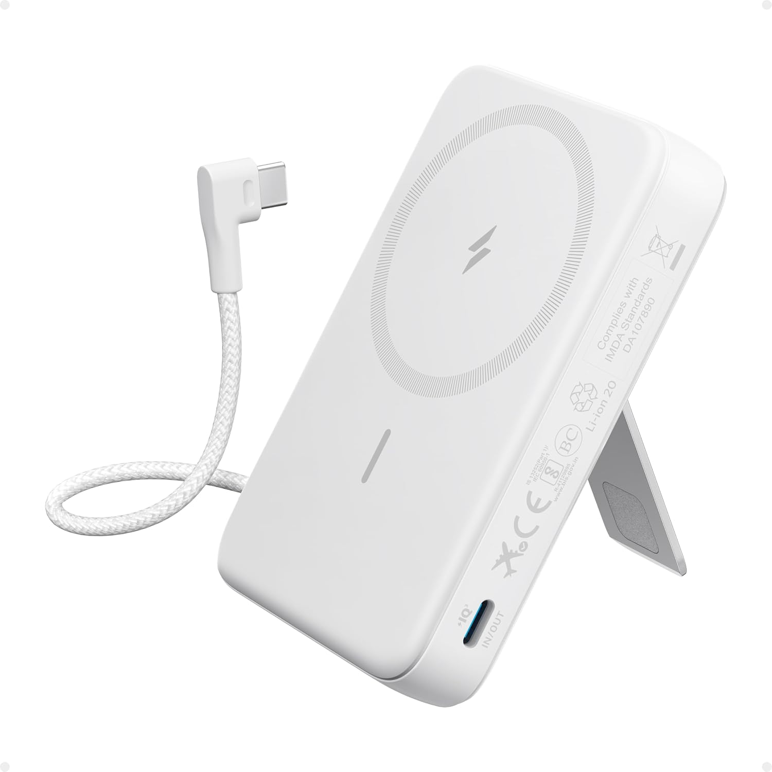 Anker Zolo Power Bank Built-In USB-C Cable, 10000Mah, White