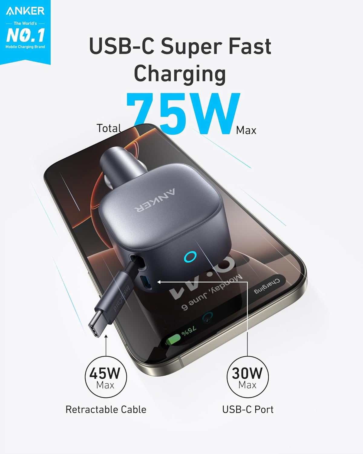 Anker Nano Car Charger, 75Watts, Built-In Retractable USB-C Cable, Grey