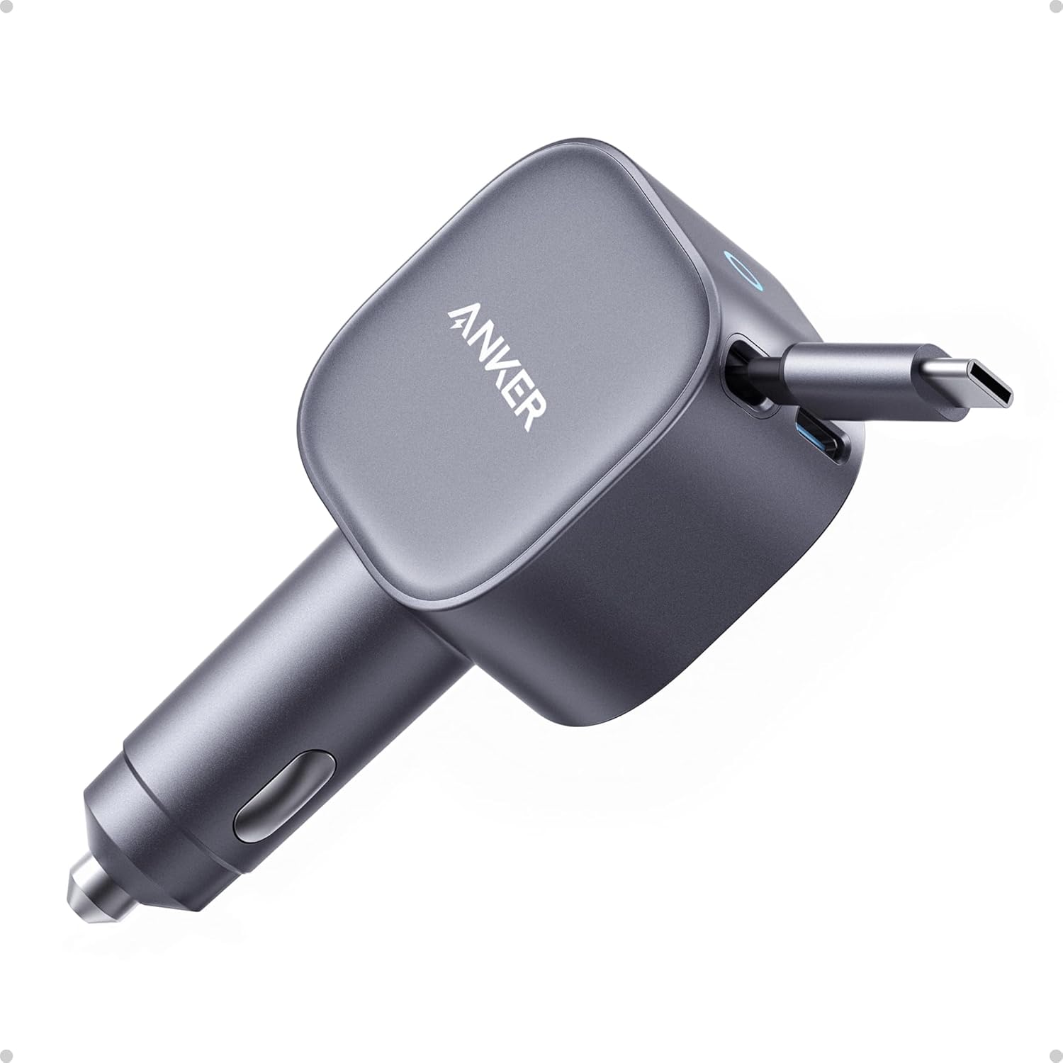 Anker Nano Car Charger, 75Watts, Built-In Retractable USB-C Cable, Grey