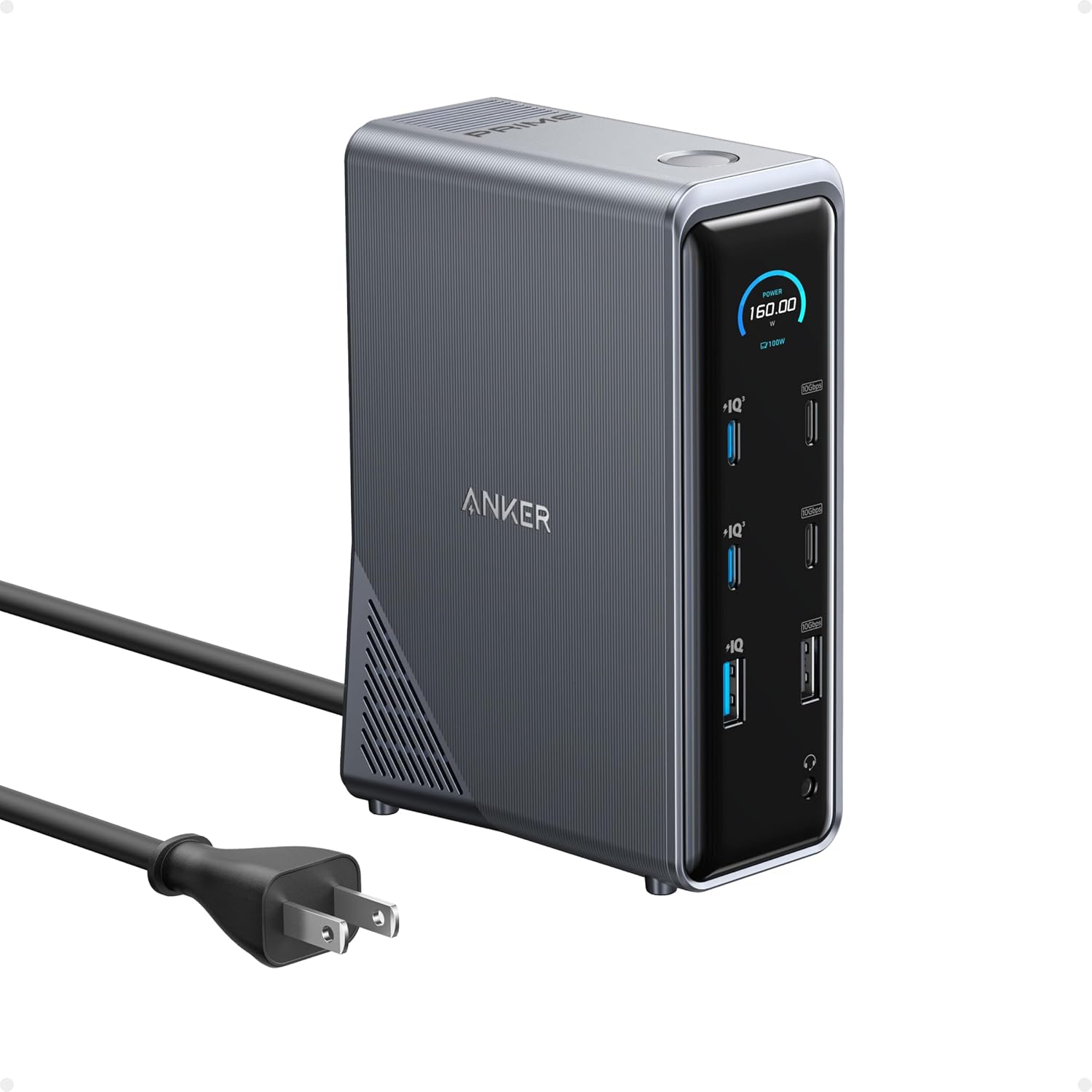 شاحن Anker Power Port، 14 منفذ مع عرض مزدوج، بقوة 160 واط، باللون الرمادي