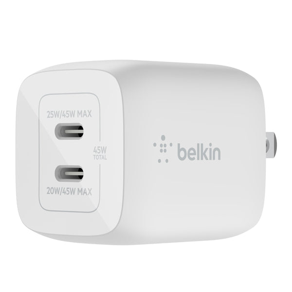 WCH011vfWH/Belkin WCH011vfWH  Dual 45W USB-C PD  GaN Fast Charger with PPS|Color:  White| Warranty : Plug / White / Fast Charger with PPS|Color:  White