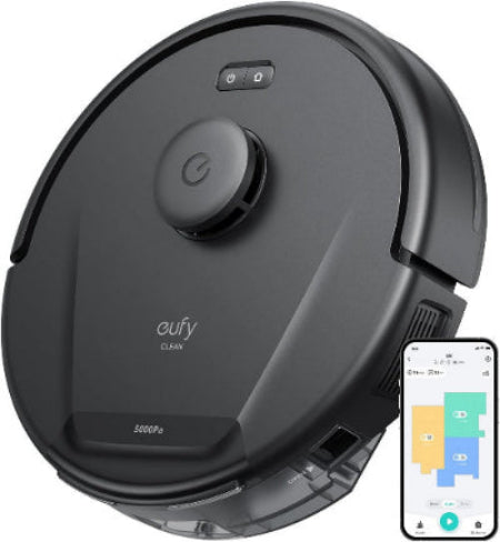 Black eufy robot vacuum cleaner with smartphone app interface on a white background
