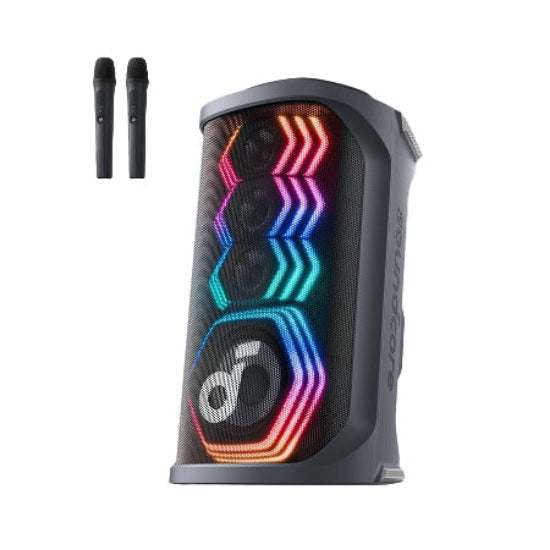 Portable sound system with LED lights and two microphones on a white background