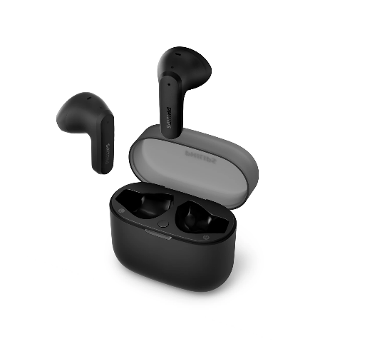 Black wireless earbuds with charging case on a white background