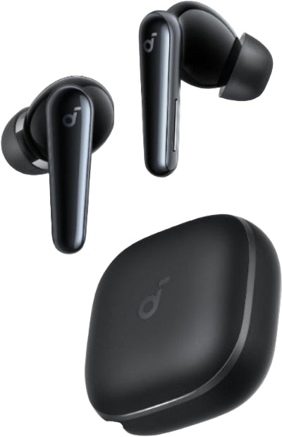 Black wireless earbuds with charging case on a white background