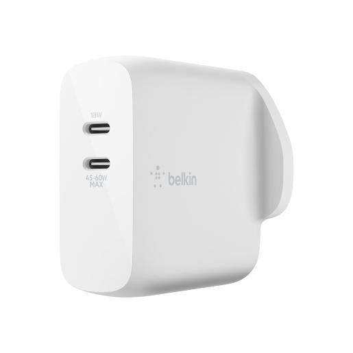 WCH003vfWH/Belkin 63W Dual USB-C PD GaN Fast Charger, 45~50W + 18W. (GaN) Gallium nitride - transist Plug / Clear / 63W PD USB-C Home Fast Charger