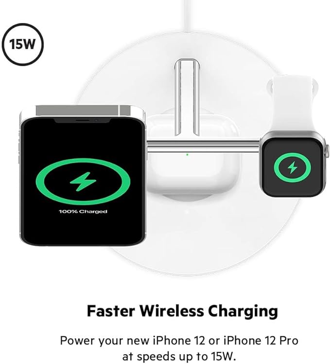 WIZ009myWH/Belkin BOOST?CHARGE™ PRO 3-in-1 15W Wireless Charger with MagSafe for Apple iPhone 13/12, Wireless Charger / White / Charger with MagSafe for Apple iPhone 13/12,