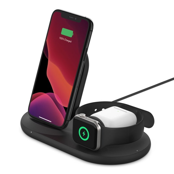 WIZ001myBK/Belkin BOOST CHARGE 3-in-1 Wireless Charger for Apple iPhone, Apple Watch, and AirPods Wireless Charger / Black / Charger for Apple iPhone, Apple Watch, and AirPods