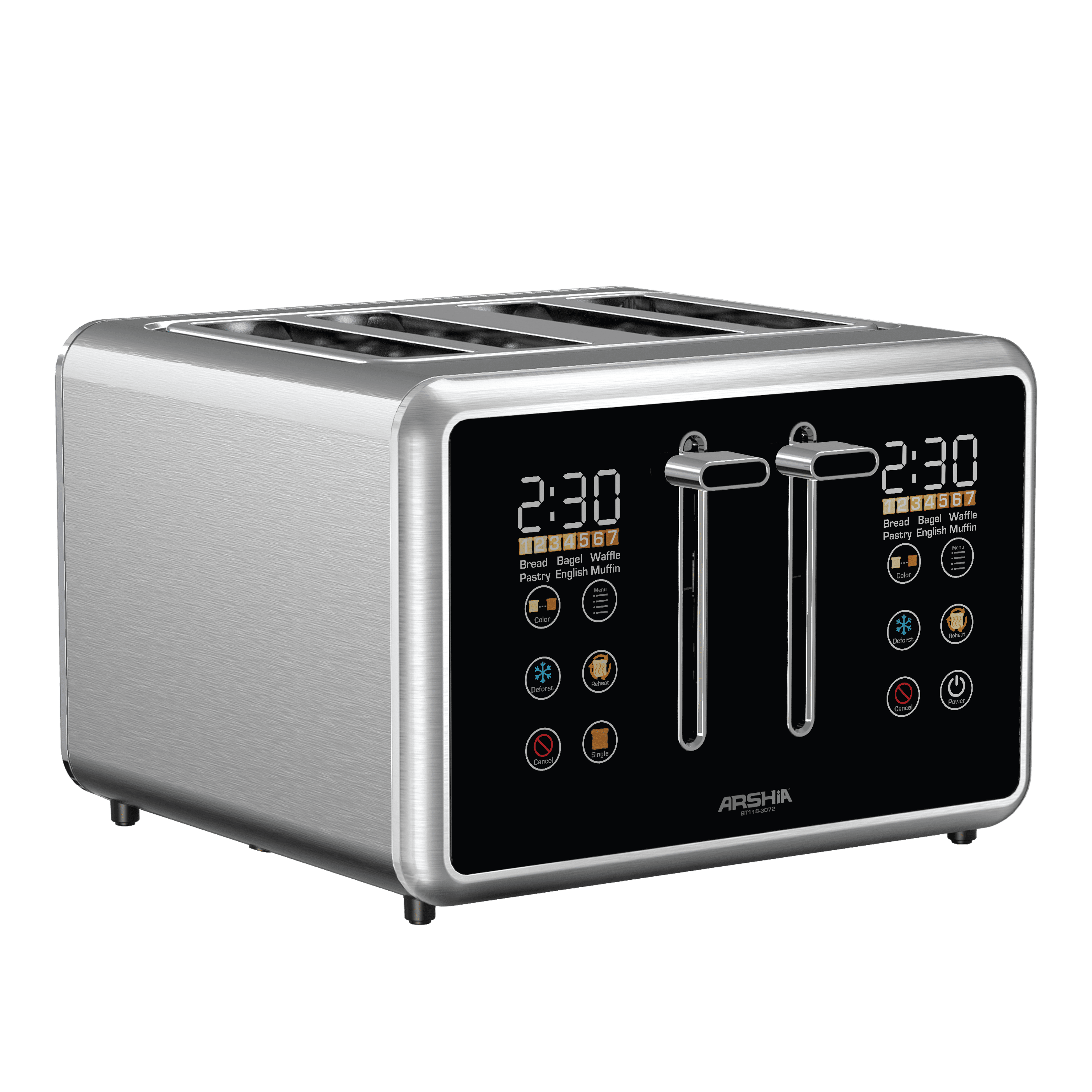 3072 / ARSHIA DIGITAL BREAD TOASTER, 4 SLICES, 1700WATT, OVER HEAT PROTECTION , 3 STAGES , STANLESS TOASTER / STEEL / 1700 WATTS