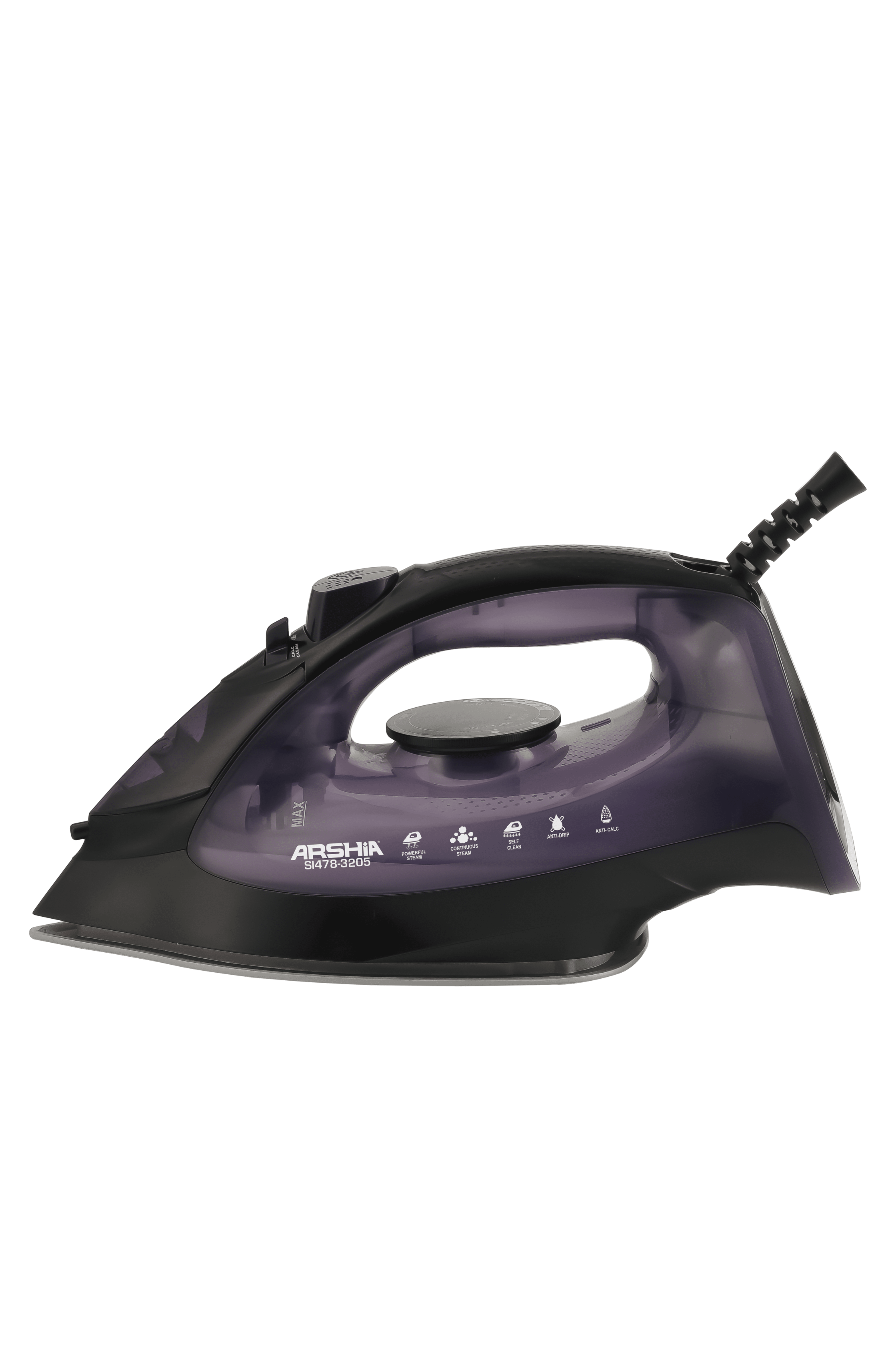 3205 / ARSHIA STEAM IRON-2200WATT , DARK PURPLE , 200ML , CERAMIC SOLEPLATE,ANTI DRIP, ANTI CALC,COR 2200 WATT / YES