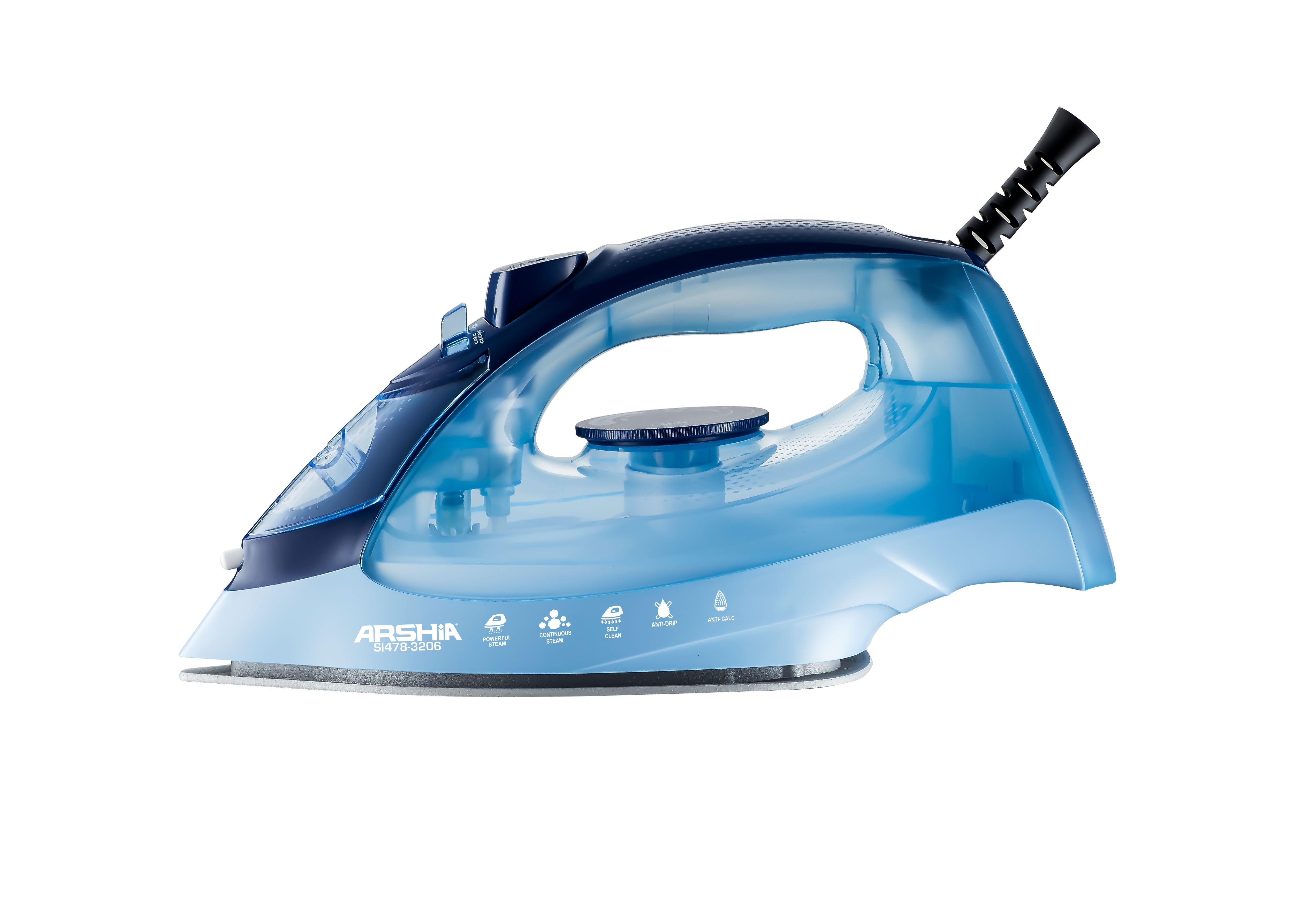 3206 / ARSHIA STEAM IRON-2200WATT , DARK BLUE , 300ML , CERAMIC SOLEPLATE,ANTI DRIP, ANTI CALC,CORD 2200 WATT / YES