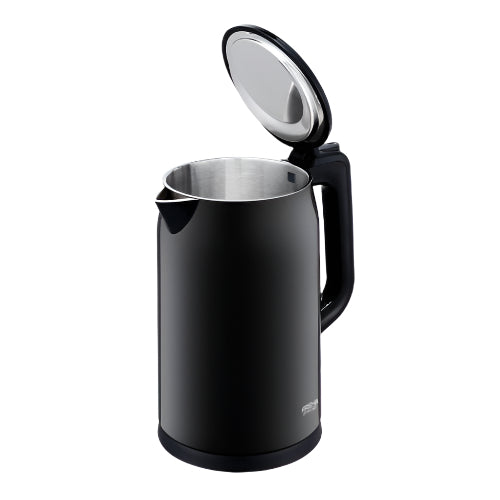 Black electric kettle with a silver interior on a white background