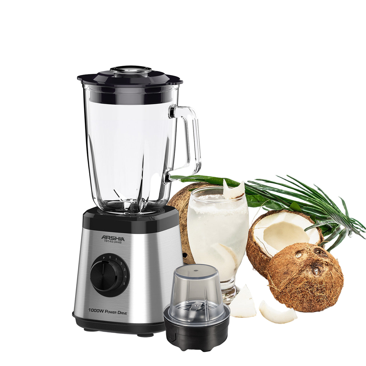 Blender with a glass of coconut milk and coconuts on a white background