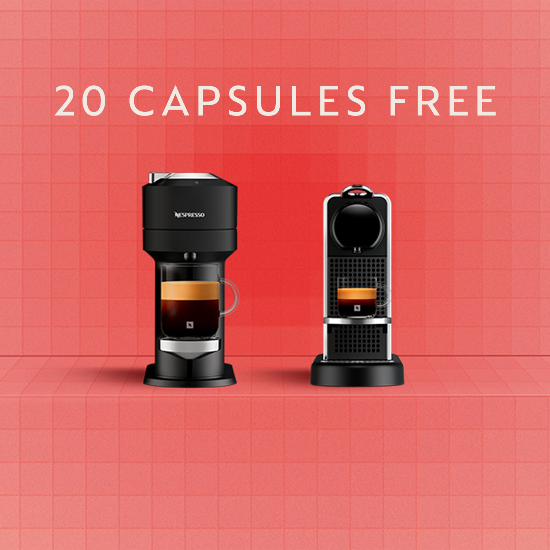 Nespresso coffee machine and capsule on a red grid background with '20 Capsules Free' text.