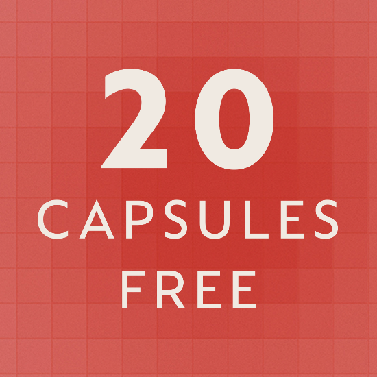 Promotional text '20 CAPSULES FREE' on a red background