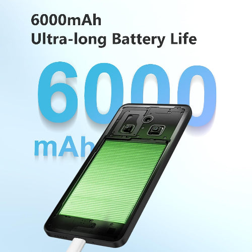 Phone with 6000mAh battery life on a light blue background