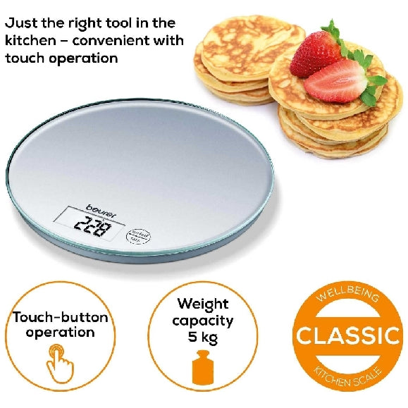 KS 28 CIRCULAR / Beurer Kitchen Scale glass, An elegant round glass kitchen scale weighing up to 5 k