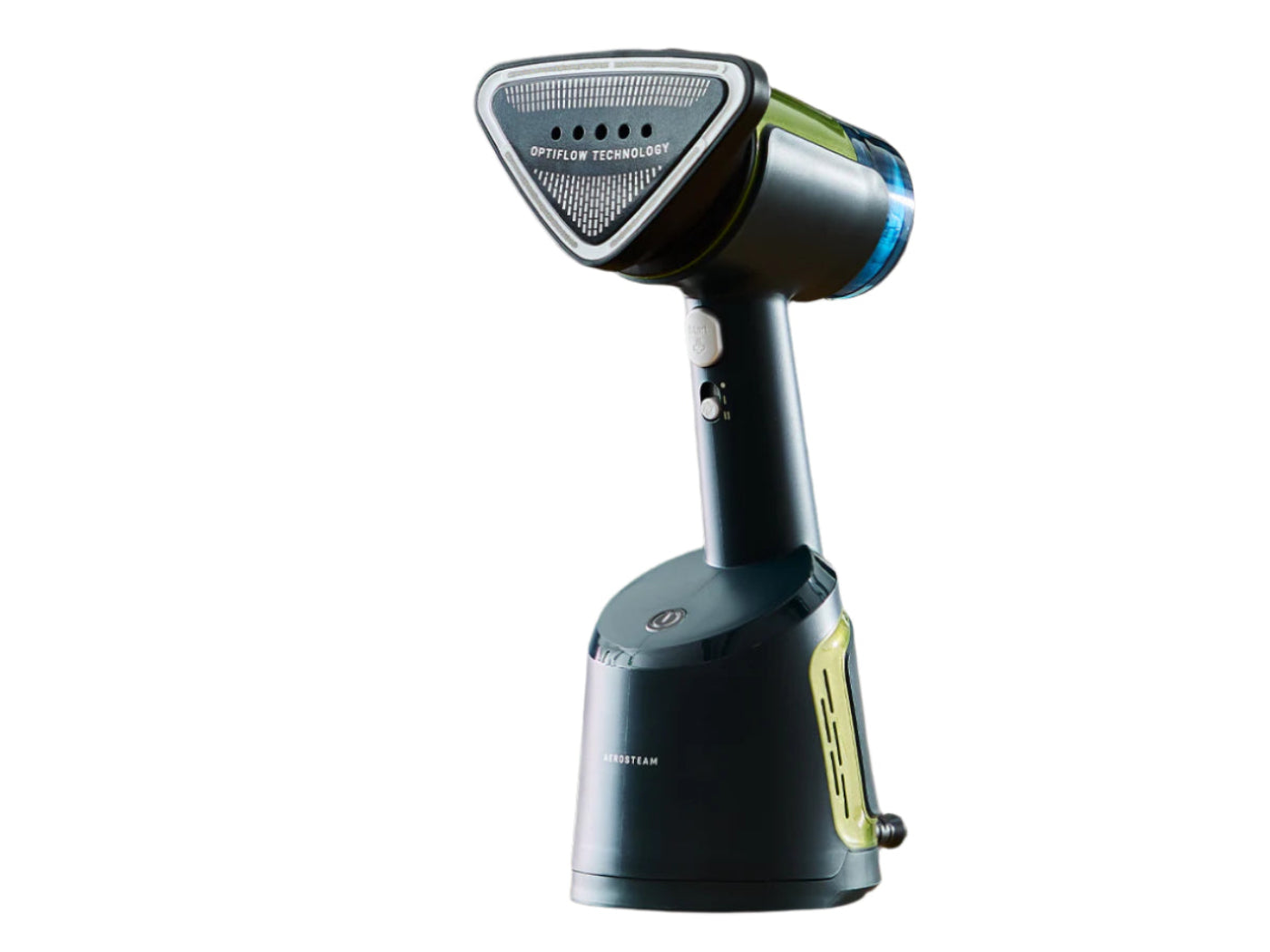 Handheld steamer on a table with text 'Auto-Off for Peace of Mind' in a blurred indoor setting.