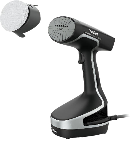 Black and silver Tefal steam cleaner on a white background