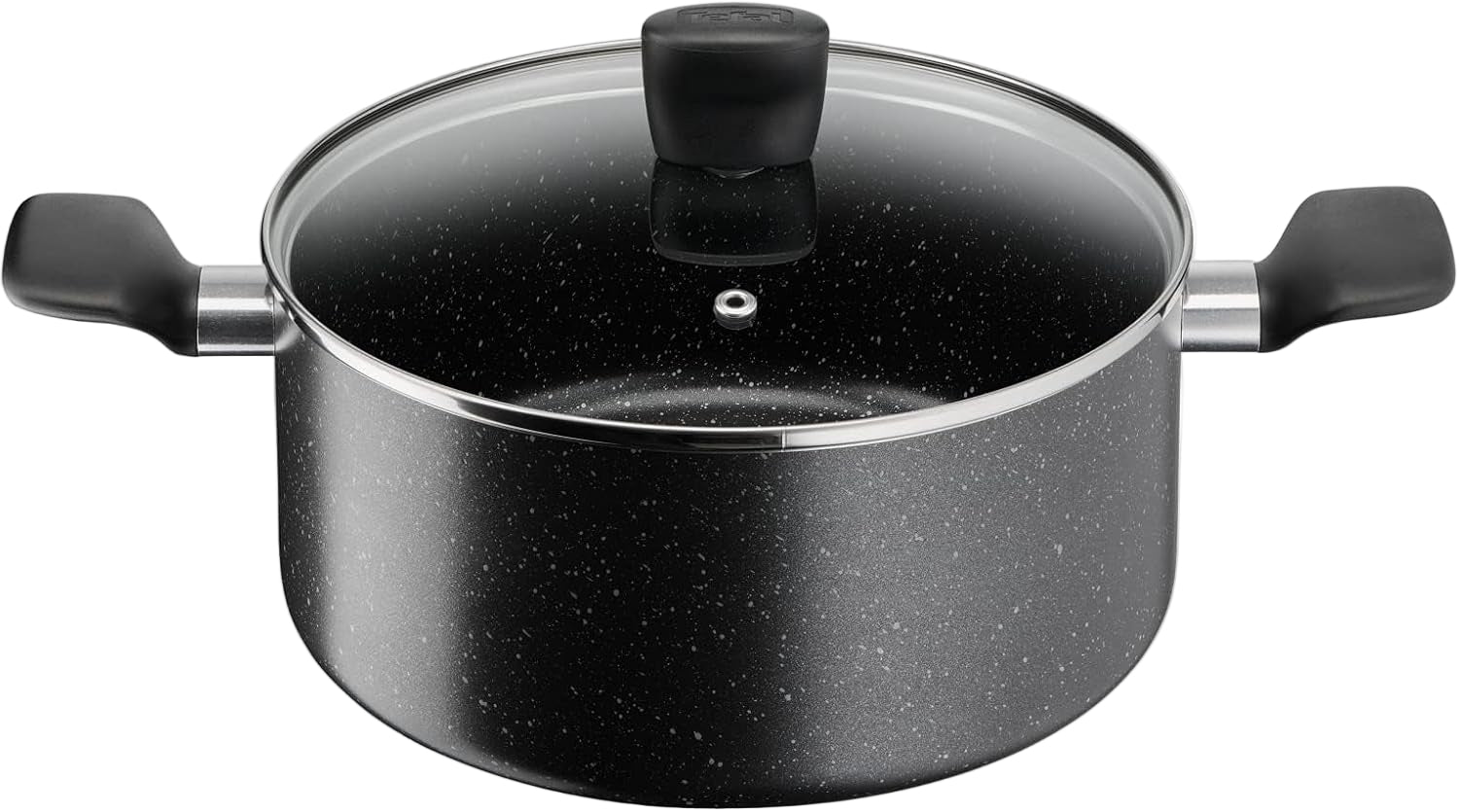 Black speckled cookware pot with lid on a white background