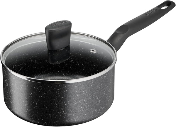 Black speckled cookware with lid on a white background