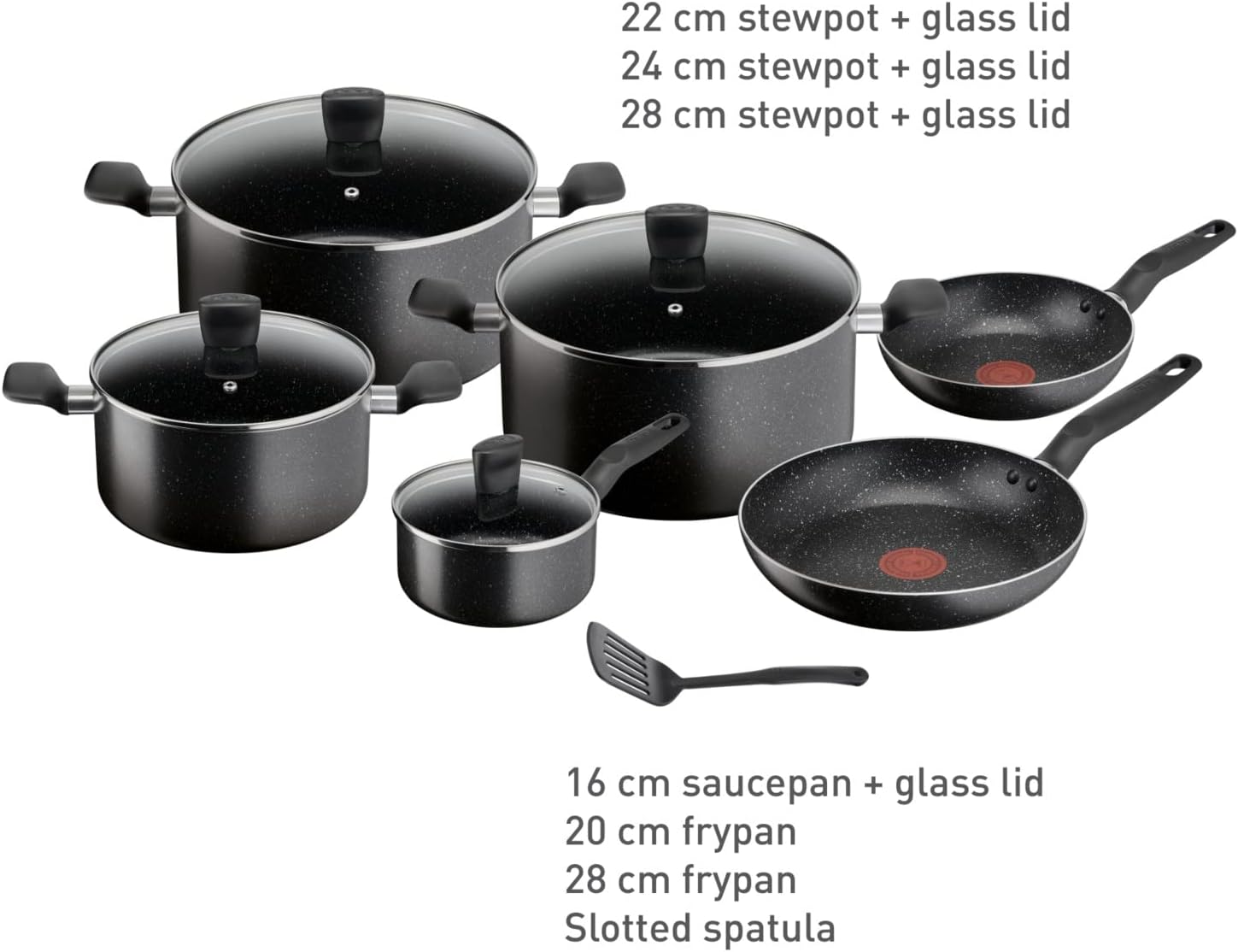 Set of black cookware with lids and a spatula on a white background