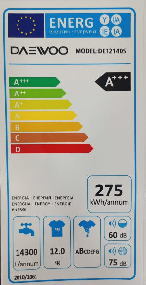 Energy label for a DaeWoo product with various ratings and icons.