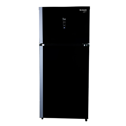 Unionair Top Mount Refrigerator, Two door No frost, 420Lit, Black Glass with Silver