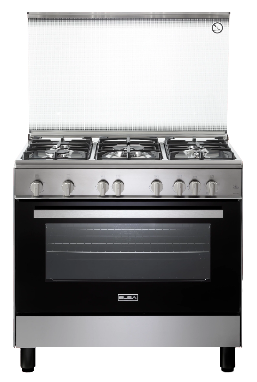 Elba Gas Cooker, 5 Burners, Size of Oven 90*60, Timer Full Safety, Stainless Steel