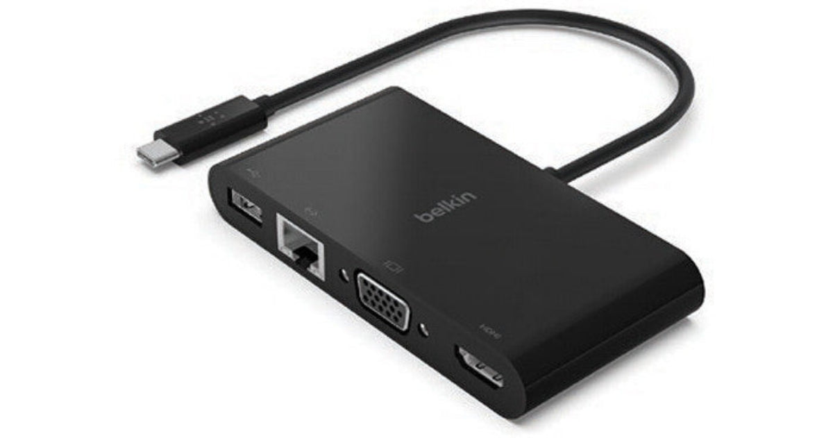 Belkin USB-C adapter with multiple ports on a white background
