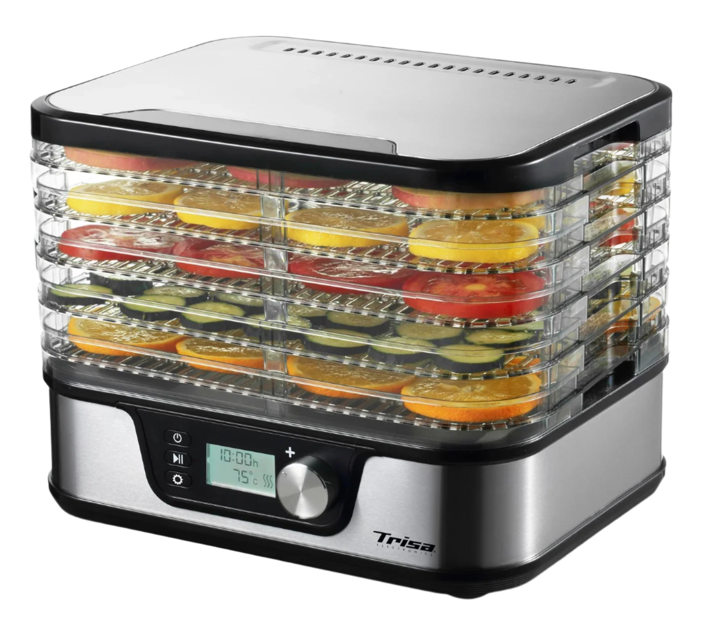 Trisa food dehydrator with digital display and fruit slices on trays.