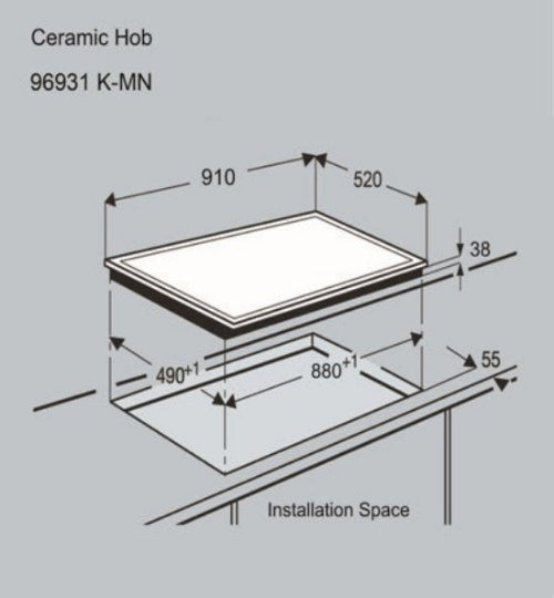 Technical dimension diagram of a ceramic hob, labeled 96931 K-MN, showing top and side measurements with installation space details on a light gray background.