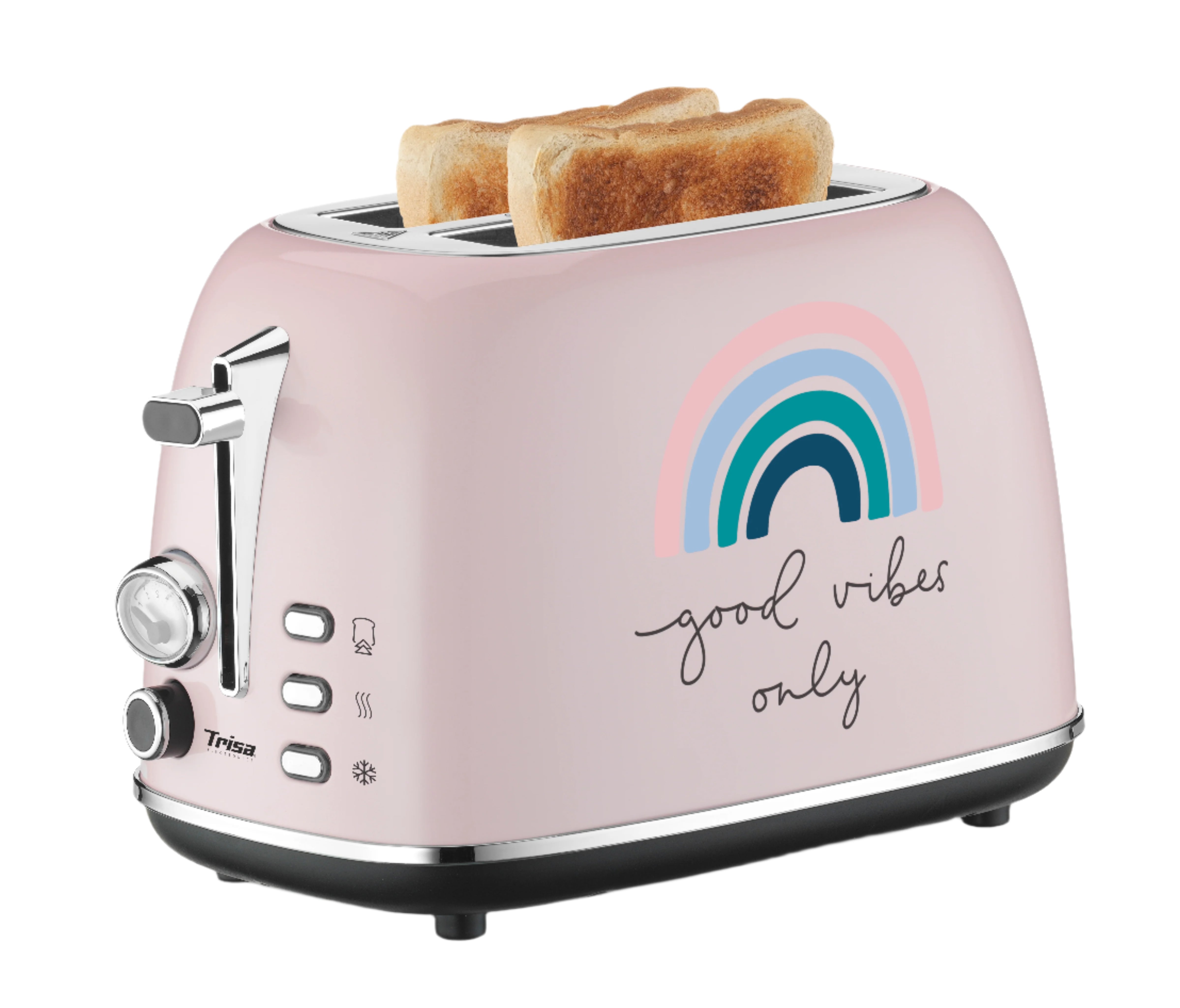 Pink toaster with rainbow and 'good vibes only' text, displaying two slices of toast.