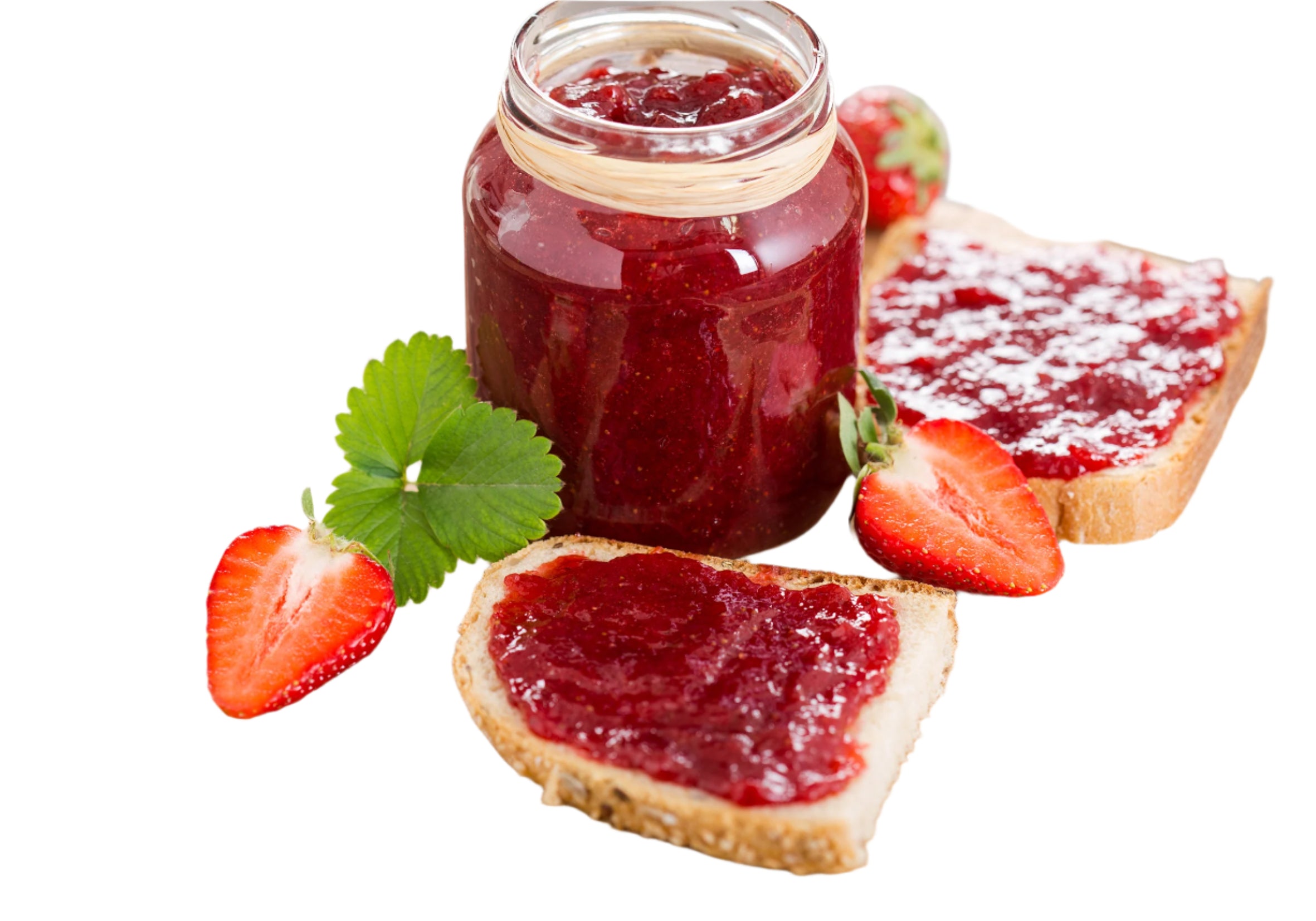 Strawberry jam jar with slices of bread and strawberries on a wooden board, with 'Enjoy Brunch' text and hearts.
