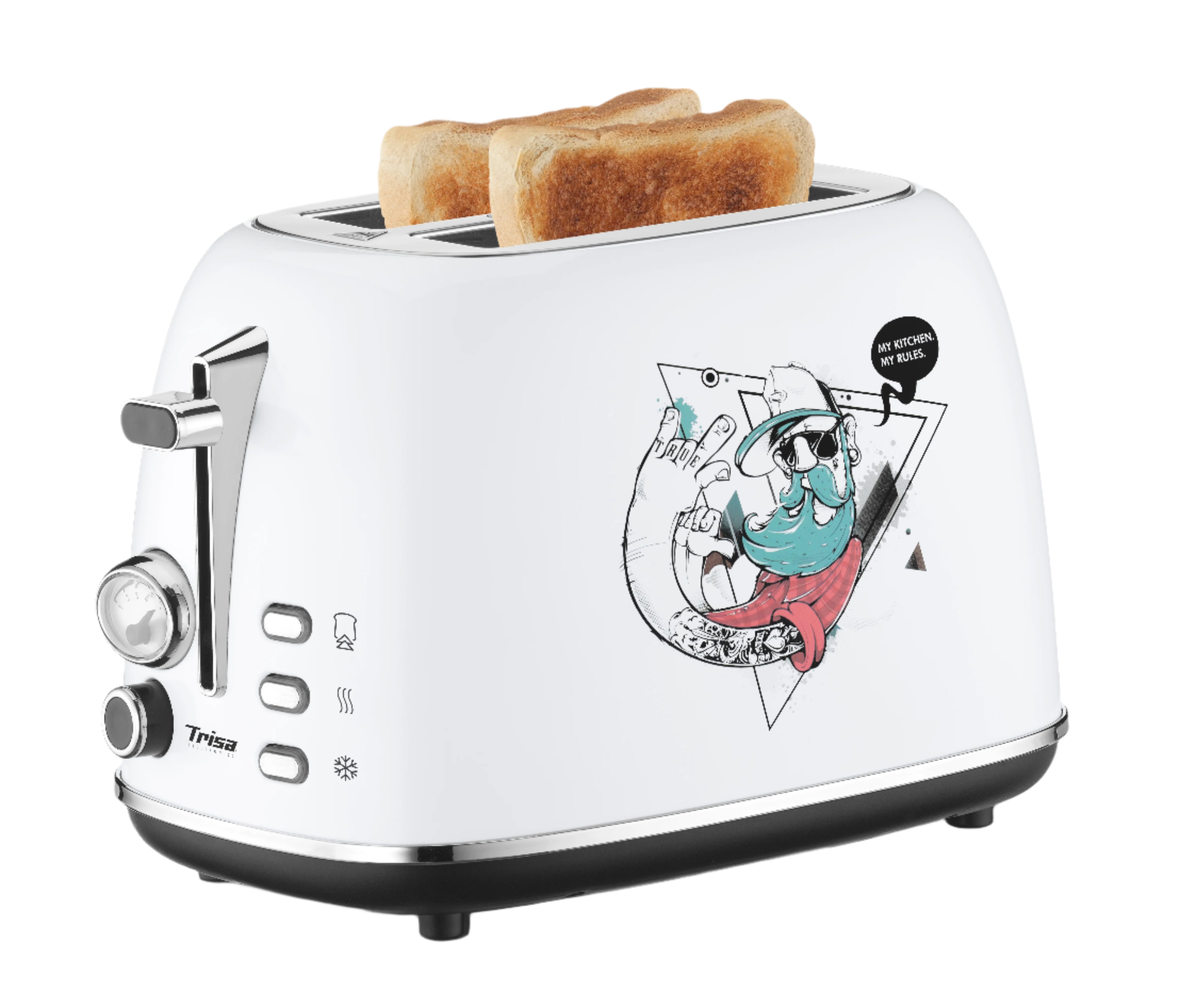 White toaster with cartoon design and two slices of toast on a white background