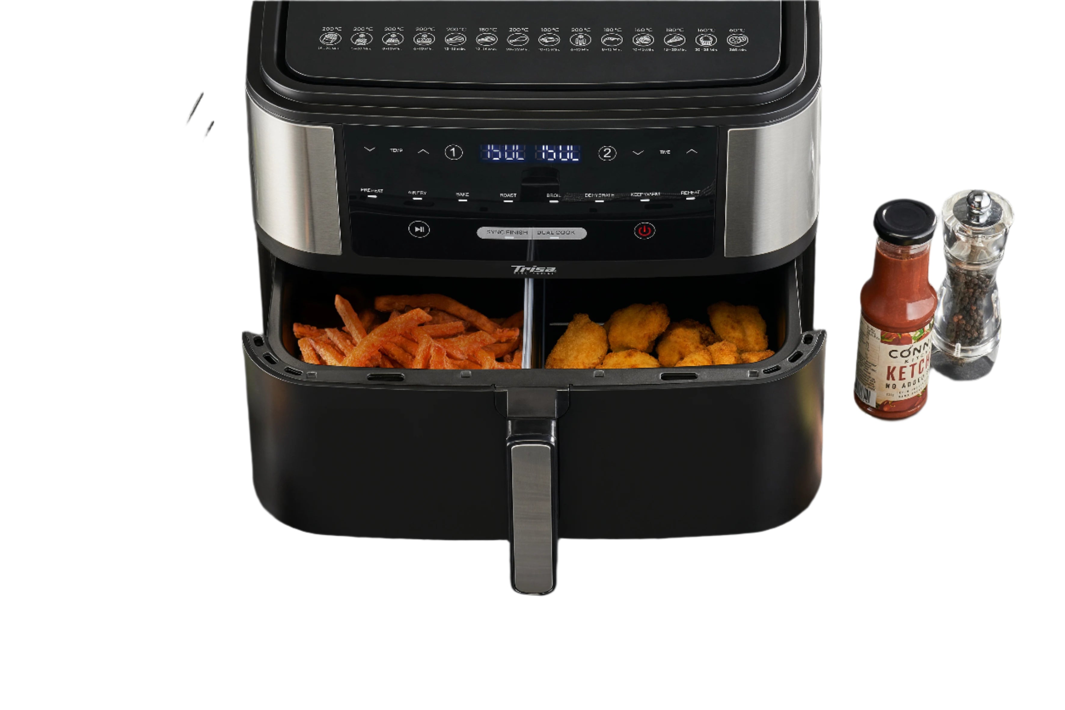 Black air fryer with food items on a dark surface