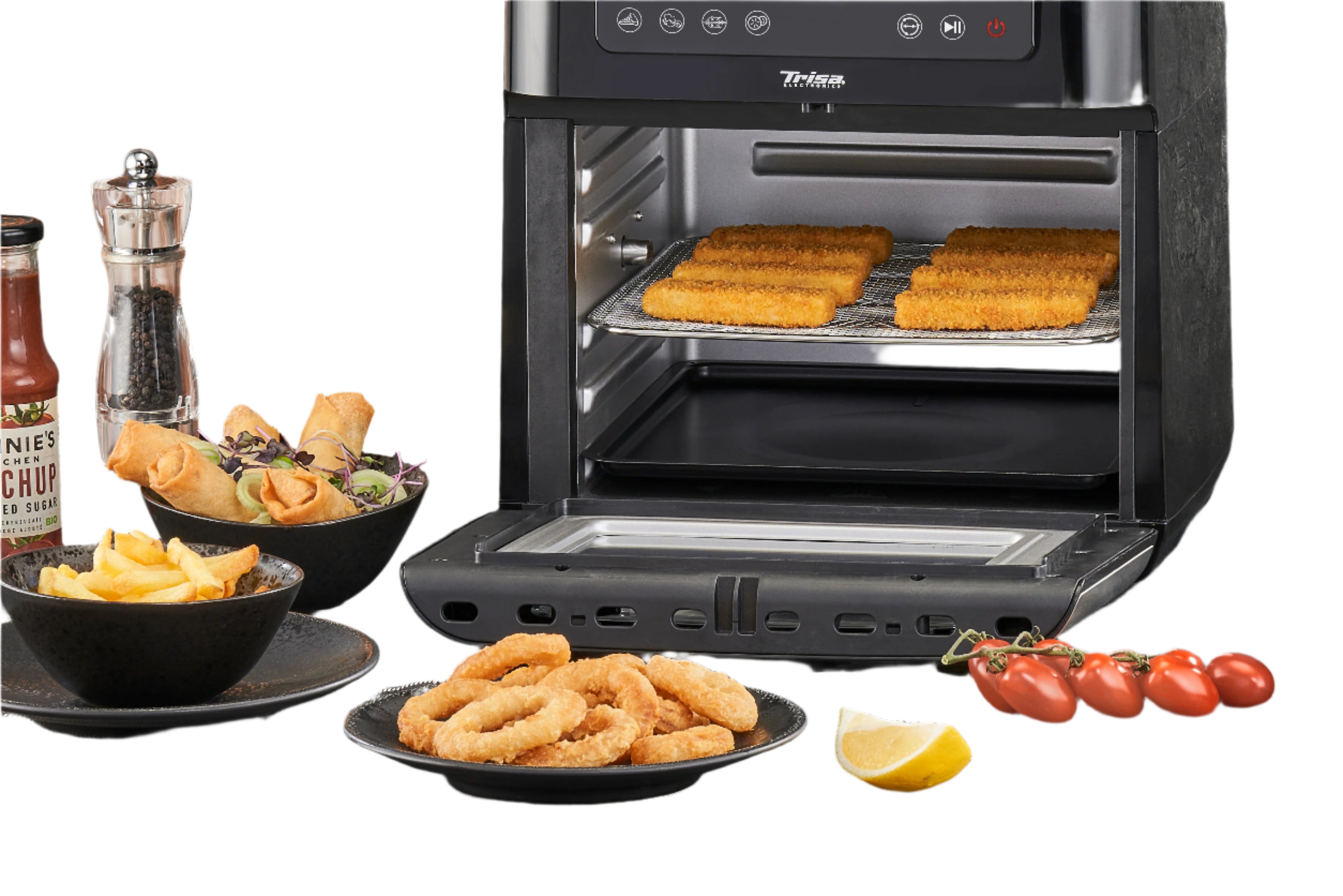 Trane air fryer with food items on a table