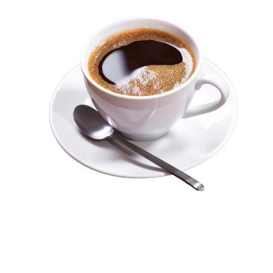 White cup of coffee with a spoon on a wooden table, text '2-6 Cups' at the bottom.