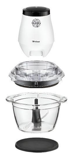 Set of clear plastic food processor components with black lids on a white background