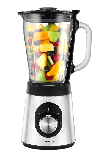 Blender with a container of fruits on a white background