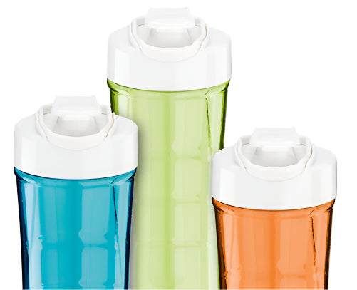 Three colorful water bottles with white lids on a white background