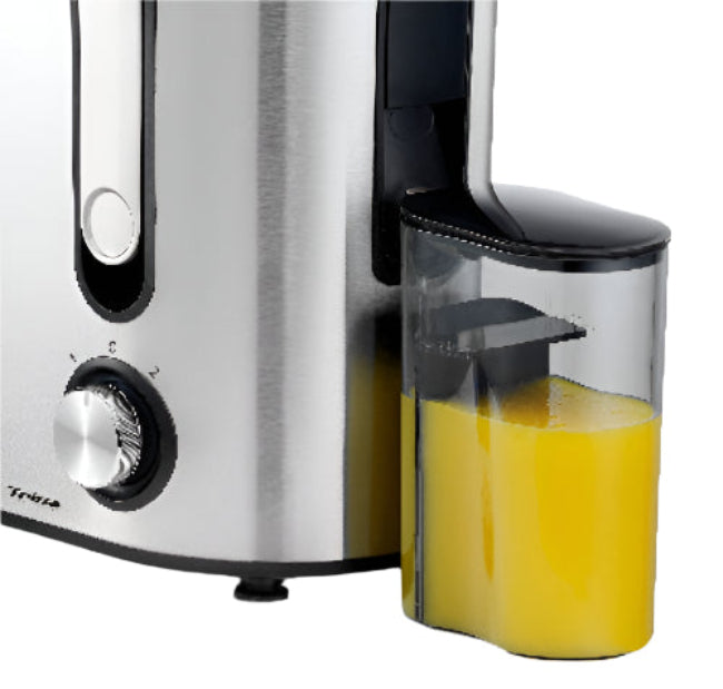 Trisa juice extractor with a container of orange juice on a white background
