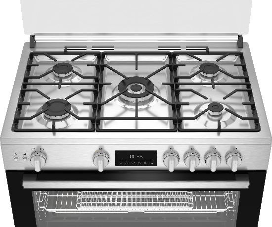Stainless steel Beko oven with digital display and control knobs on a white background