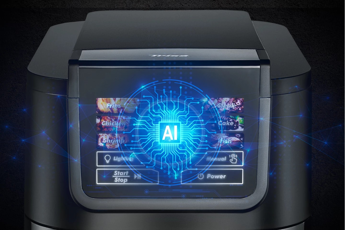 Electronic device with AI interface on a dark background